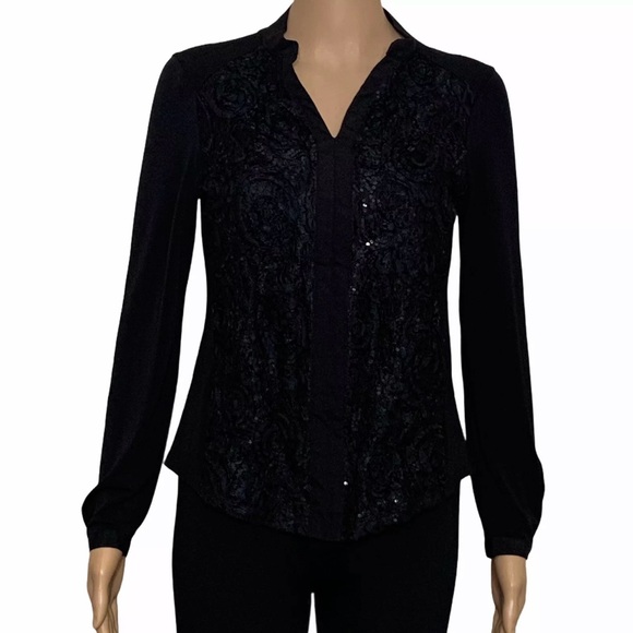 My Colection top Woman’s petite PS Long Sleeve  Embroidered  With sequin black - Picture 2 of 9